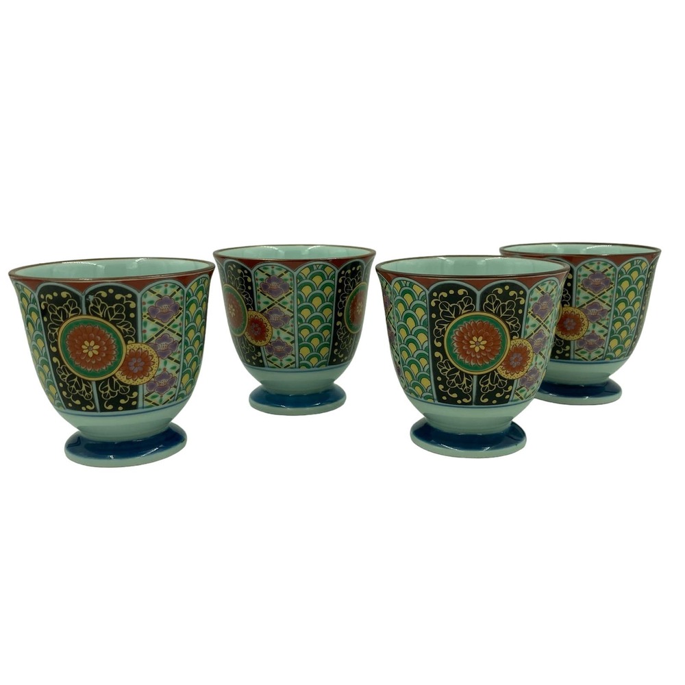 Set of 4 Chinese Tea Cups Asian Floral Blue Mugs SET Oriental Kitchen Decor